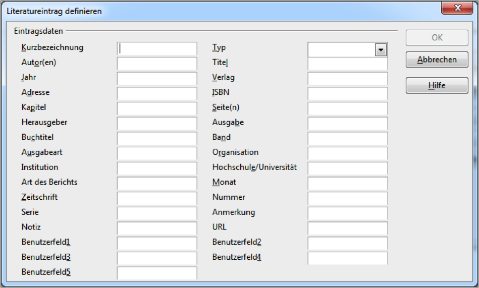 Literatureintrag definieren