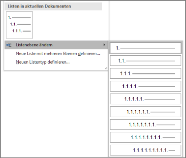 Listenebene ändern