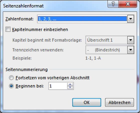 Seitenzahlenformat Beginnen bei