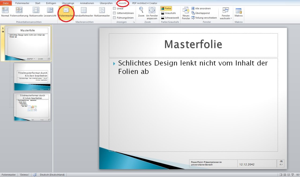 Eine Masterfolie erleichtert das Layout der Power-Point Präsentation